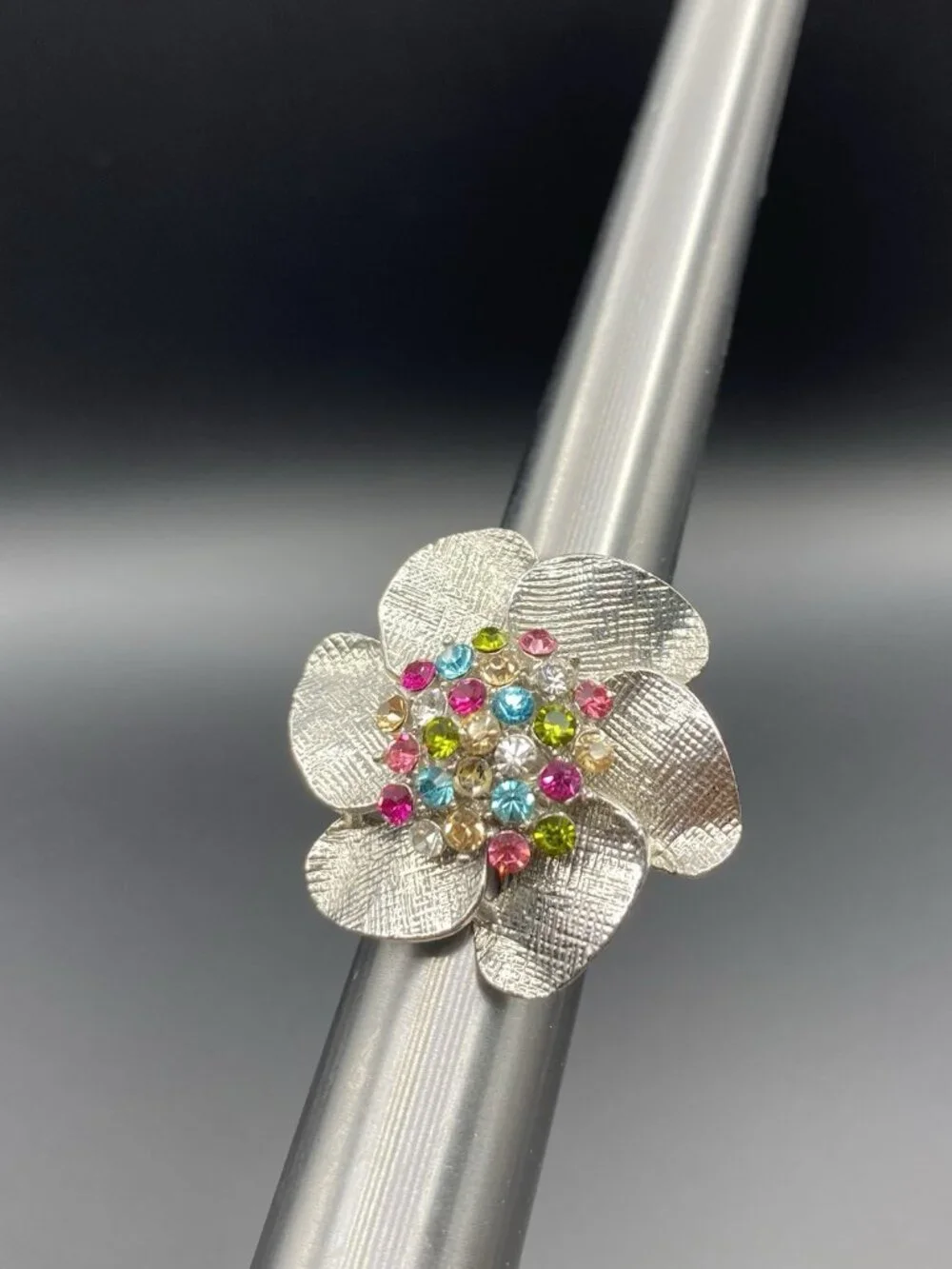 Silver-Tone Statement Ring Flower Multicolored Rhinestone Cocktail Ring Sz 6-8